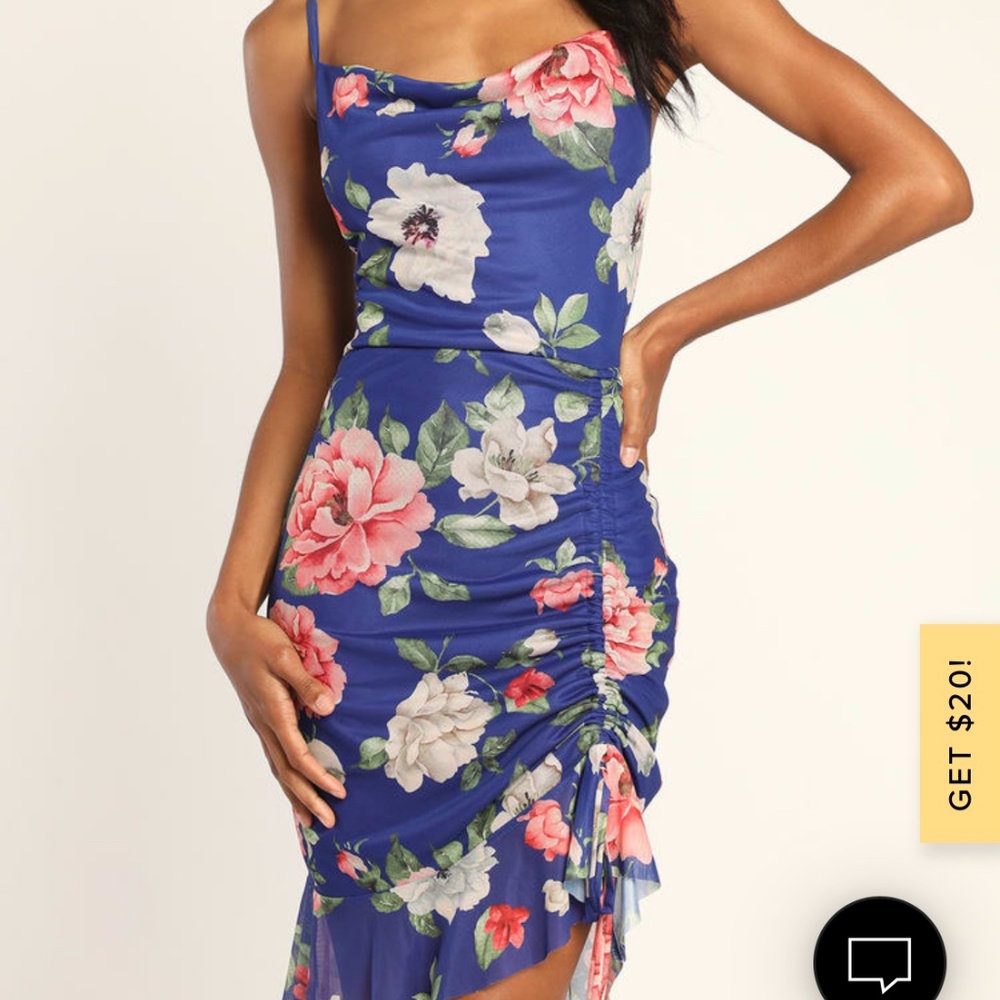 Lulus Blossoming Allure Royal Blue Floral Ruched Bodycon Mini Dress